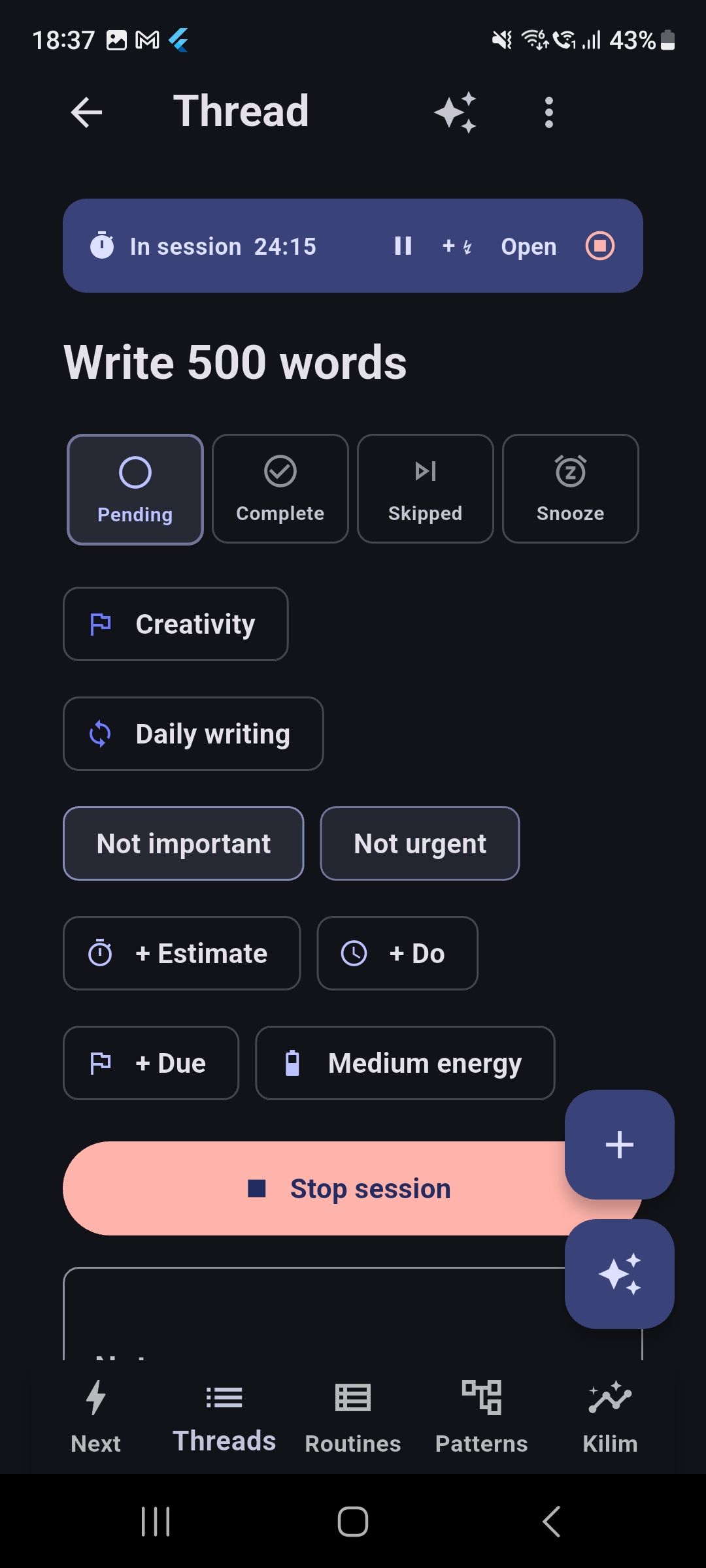Threads screen showing tasks organised by pattern